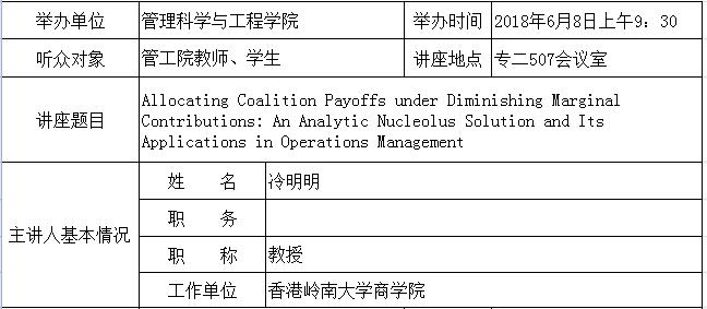 学生讲座：Allocating Coalition Payoffs under Diminishing Marginal Contributions: An Analytic Nucleolus Solution and Its Applications in Operations Management			