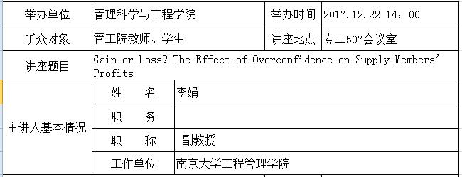 学术讲座：Gain or Loss? The Effect of Overconfidence on Supply Members’ Profits